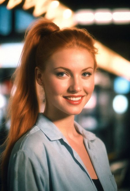CinematicPortrait woman (analog photo) ginger (smile slavic ) ponytail masterpiece indoors, (glossy  lipstick), grey eyes, (shop window street lights), (soft focus, depth of field, film grain), (((looking at viewer))) <lora:CinematicPortraitXL_v3:0.25>  <lora:EuroBabe-v4-XL:0.35>