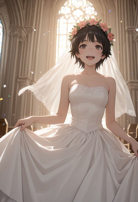 masterpiece,best quality,absurdres,highres,very aesthetic,high quality,detailed,insanely detailed,beautiful,perfect lighting,
 1girl, short hair, black hair, brown eyes, head wreath, wedding dress, veil, church, (confetti:1.1), smile, open mouth, white dress, wedding dress), indoors, <lora:Uiharu Kazari:1>