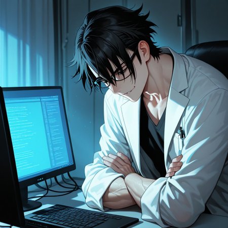 masterpiece, best quality, amazing quality, absurdres, newest, detailed background, definition so sharp, Ultra-HD, 8K cinematic, very awa, impressionate, amazing quality, highres, 
solo, male focus, manly, 
saruhikofushimi, saruhiko_black hair, saruhiko_black eyes, 1boy, short hair, glasses, looking down, smirk, crossed arms, lab coat, computer screen, data stream, cool lighting, focused, calculating, intelligent, slightly intimidating, charming