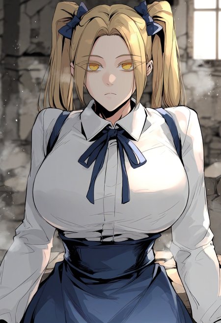 score_9, score_8_up, score_7_up, score_6_up, source_anime, rating_explicit, 1girl, solo, huge breasts, <lora:Rachel Sinclair prefectPonyxl:1>yellow eyes, blonde hair, long hair, twintails, hair bow, blue bow, parted bangs, colored eyelashes, white shirt, collared shirt, blue ribbon, neck ribbon, long sleeves, high-waist skirt, blue skirt, expressionless, Narrow shoulders, heavy breathing, steaming body ruins, indoors, looking at viewer