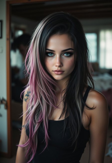 Teen Goth GIrl in leggings stands confidently in a goth-themed bedroom. Her youthful face, framed with high cheekbones and freckles, features large emerald eyes sparkling with mischief. Long lashes enhance their allure, while her soft smile reveals a playful dimple in the style of Jed-clrfl, aidmafluxpro1.1, aidmaMJ6.1, Emo_JBX