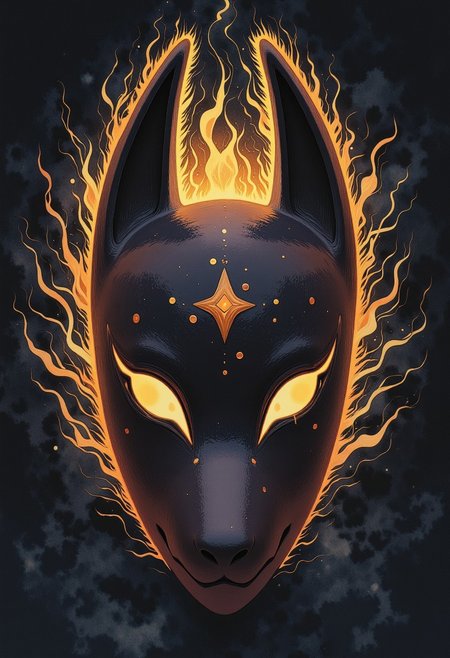 Studio Ghibli Dark Fairytale  detailed painting depicting a haunted kitsune mask radiating an eerie aura