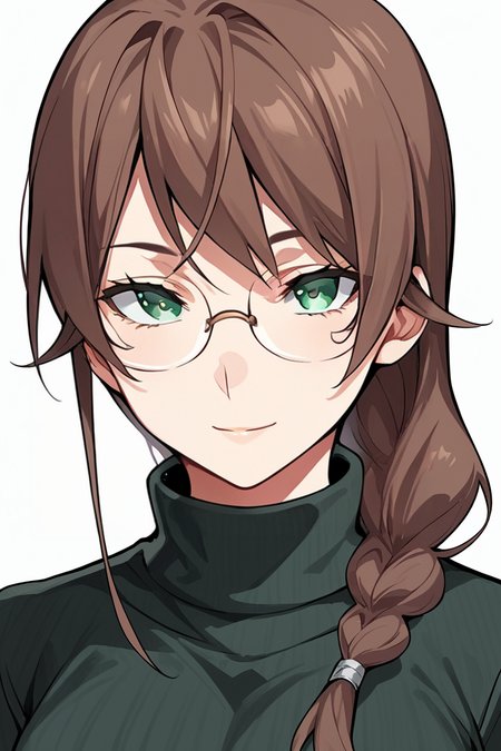 score_9,score_8_up, score_7_up, source_anime
simple background, white background, facing viewer
1girl, solo, portrait, looking at viewer
brown hair, long hair, bangs, single braid, glasses, green eyes, smile
black sweater, turtleneck, large breasts
 <lora:Saeki_Shun_Tosh_Style:0.9>manga_style, <lora:Expressive_H:0.8>expressiveh