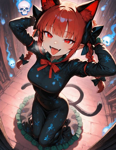 munakata_(sekimizu_kazuki), hamada_yoshikazu,negative space, cinematic shot, masterpiece, highres, absurdres, newest,  wide shot, ,slimes_skullwm,made of skulls,kaenbyou_rin, touhou, 1girl, pink_hair, red_eyes, solo,animal_ears ,black_bow, black_dress , braid,breasts, cat_ears , dress,extra_ears, fang ,frilled_dress ,frills, hair_bow ,large_breasts ,long_eyelashes  ,long_sleeves ,looking_at_viewer ,multiple_hair_bows, pointy_ears ,red_bow , red_hair, slit_pupils, smil,tight_clothes ,tight_dress, twin_braids ,fang, crazy_eyes ,seductive smile, steaming body, in heat, sweaty,  arms up, squatting, tongue, tongue_out , saliva,saliva_trail ,saliva_drip ,open mouth, from above,
<lora:SlimesSkullWM:1> <lora:ponyv5_noobE11_1_adamW:0.7> <lora:illustrious_noobai_epsilon_pred_11_very_aesthetic_v1:0.7> , <lora:kaenbyou_rin_image6792_2023-12-20:0.6>