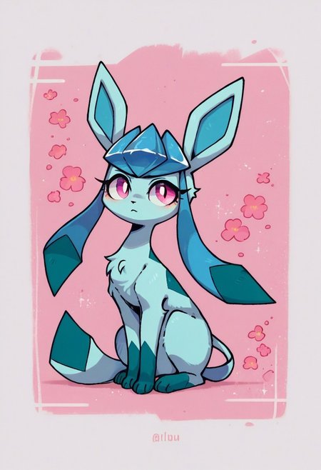 score_9, score_8_up, score_7_up, valbun, expressiveh, 
solo, full body, three quarter view, glaceon, feral, light blue fur, pink eyes, eyelashes, 
abstract background,