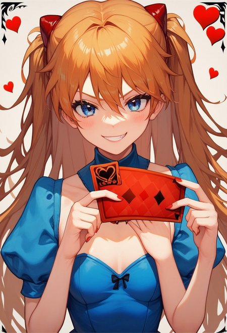 score_9, score_8_up, score_7_up, 1girl, alice in wonderland style, Asuka Langley, blue dress, detached collar, Queen of Hearts, holding card, smug grin