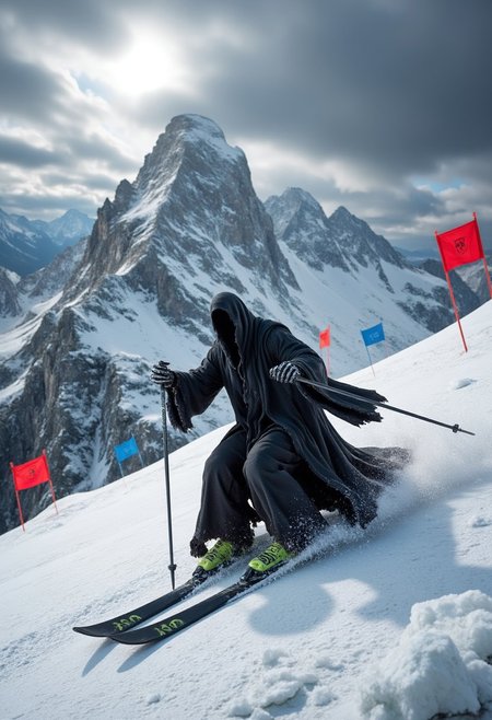 A lone Nazgûl skiing down a steep, snowy slope, its dark, tattered cloak trailing behind it like black smoke as it glides with eerie precision. The Nazgûl rides on sleek, modern skis with matte black finishes and glowing neon green accents, holding a pair of sharp, aerodynamic ski poles in its skeletal hands. Red and blue ski racing flags line the course.