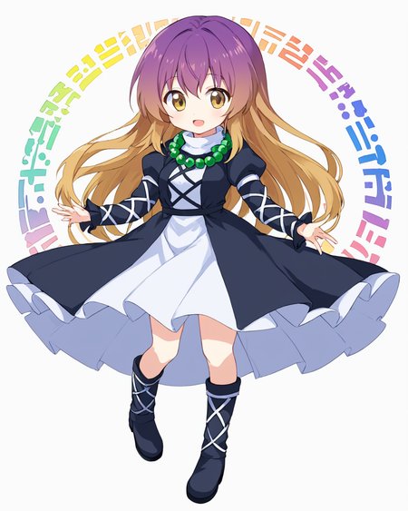 hijiri byakuren,1girl, sorcerer's_sutra_scroll, solo, layered_dress, white_background, cross-laced_clothes, simple_background, open_mouth, white_dress, black_footwear, juliet_sleeves, turtleneck_dress, full_body, black_dress, beads, boots, necklace, :d, looking_at_viewer, chibi
<lora:hijiri_byakuren_image2907_2023-12-20:1>,star-shaped_pupils,symbol-shaped_pupils,. gorgeous,key visual, vibrant, studio anime,award-winning, professional, highly detailed,high budget, cinemascope