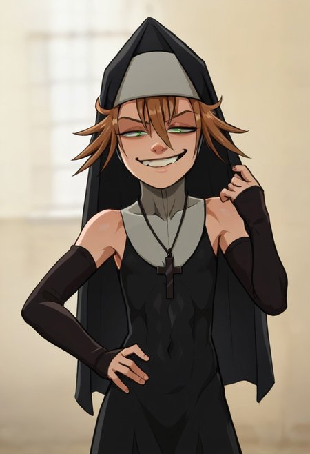 score_9, score_8_up, score_7_up,  <lora:add-detail-xl:3>,
BREAK
<lora:Sister_Theodosia:0.8>, toddy, brown hair, green eyes, habit, nun , nun dress, elbow gloves, cross necklace,
BREAK
solo, standing, smug,upper body,