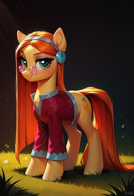 score_9, score_8_up, score_7_up, zPDXL3, high details, masterpiece, my little pony, 1girl, solo, cowboy shot
BREAK wheat_grass_mlp, feral, pony, tail, sexy, detailed fur, fluffy, eye lashes, lidden eyes, (perfect eyes:1.1), green eyes, orange hair, yellow body, cute, youthful, adorable, flirty expression, raised eyebrow, long hair, small round sunglasses, peace sigh earrings, red shirt