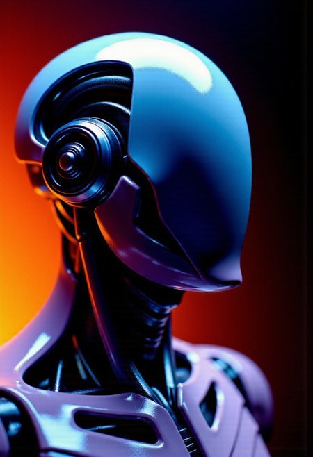 faceless android in the style of ckfa. Modular humanoid design. Future AI robot. 
Fractals and bokeh swirl in brilliant shades of blue, purple and red. burned colors glowing with orange heat. Bands of white light dash across the canvas. High saturation and contrast. sharp lines come into focus.
high-contrast palette, highly detailed, cinematic quality, modern art, timeless feeling || DarkAtmosCE style, vantablack, Rembrandt Lighting style, partially covered in shadows, Chiaroscuro Lighting Style, Covered in shadows