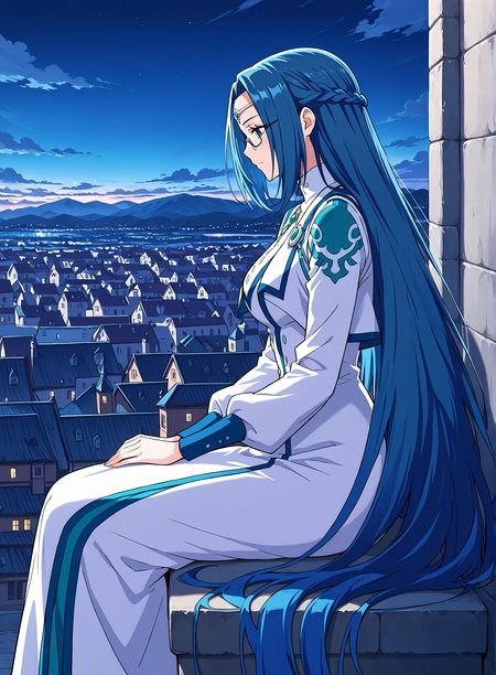 <lora:Ruo_Ling__Battle_Through_the_Heavens__Illustrious:1>
1 girl, solo, blue eyes, very long hair, blue hair, french braid, half updo, 
dress, long skirt, long sleeves, bottons, circlet, jewelry, glasses, semi-rimless eyewear,  
score_9, score_8_up, score_7_up, score_6_up, source_anime, masterpiece, best quality, absurdres, highres, newest, anime coloring <break>  1girl, solo, sitting, on wall, from side, town, night sky, cloud