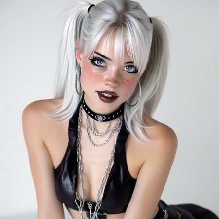 body facing forward, hair style long ponytail, chain choker, breasts:visible, silver chain necklace, earrings large silver hoops, wearing necklace, choker black with silver embellishment, eyeliner, cleavage visible, lips full, choker black, modern style, fashion:punk style, relaxed posture, casual stance, thin eyebrows, slight freckles on face, joyful expression, body:exposed shoulders, eye color blue, pigtails, fan tattoo, slight collarbone visibility, blush, hoop earrings, pale skin, body sitting, straight ahead gaze, no nipples visible