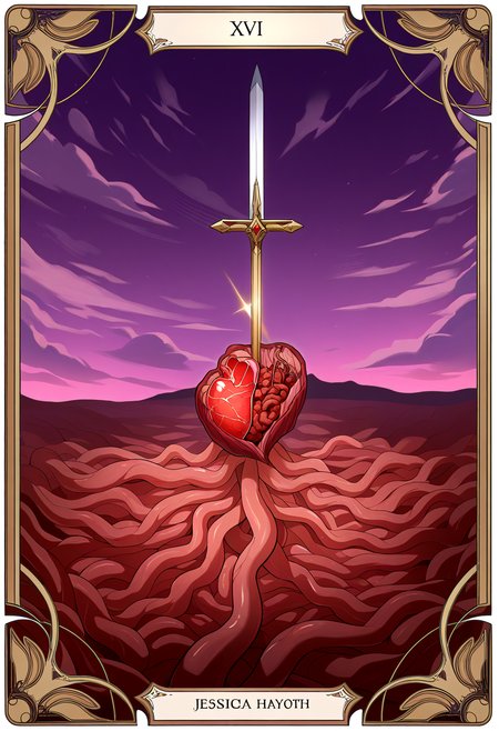 very awa, masterpiece, best quality, year 2024, newest, highres, absurdres, <lora:age_slider_v4:3> <lora:thicc_v1.4-pony:1.2>,detailed_background,indoors,organs,border,sliced,horror \(theme\),tarot,white border,sword,card \(medium\),outdoors,intestines,sky,surreal,heart \(organ\),jessica hayworth,purple sky,gradient sky,no humans,gradient background,cloudy sky,cloud,tarot \(medium\),weapon