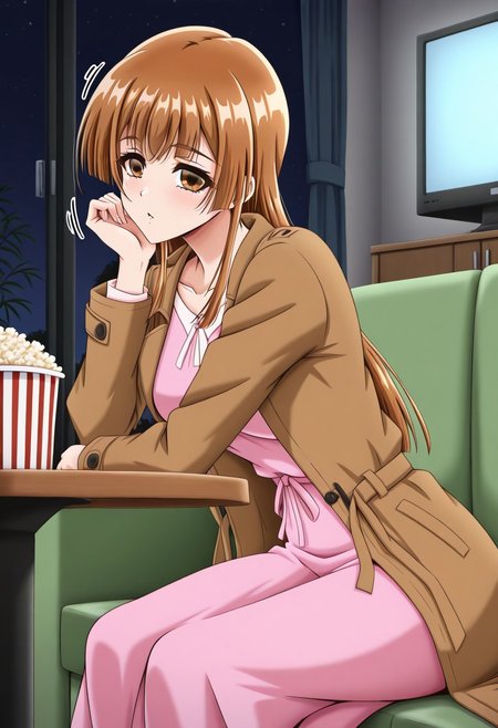 masterpiece, best quality, newest, highres, uncensored, 1girl, yokota mamoru style,motion lines,1girl,Katakura Eimi,Brown Hair, Long Hair, Sidehair, Spiky Bangs, Straight Hair,Brown Eyes, Tareme Eyes, Slim，masterpiece, best quality,brown coat,dress, pink dress,, living room, television, couch, popcorn, watching movie, night time, sitting,, , looking at viewer, sitting, head rest, table,, solo,, cowboy shot, dutch angle