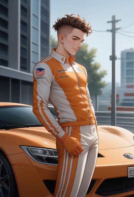 score_9, score_8_up, score_7_up, perfect eyes, Perfect Hands, Good anatomy, good proportions, common sense, perfect face, illustration,Expressiveh,OverallDetail,
1boy, male( , fit, lando norris from F1, formula one car, mclaren, orange car, curls in hair, hair locks,orange formula one pilot outfit,fully clothed, smiling,  curly short hair, brown hair, shaved sides, solo, grand prix, mp44,, standing beside car)