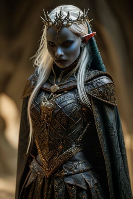 RAW photo, (masterpiece:1.3), subsurface scattering, heavy shadow, (high quality:1.4), (intricate, high detail:1.2), professional photography, HDR, High Dynamic Range, realistic, ultra realistic, photorealistic, high resolution, film photography, ambient lighting, atmospheric effects, <lora:detail_slider_v4:2>, OverallDetail, a female drow ranger, dark makeup, intricate leather armor with leaf patterns, jewelry, cape, tiara, <lora:Drow:0.8>, epiCPhoto