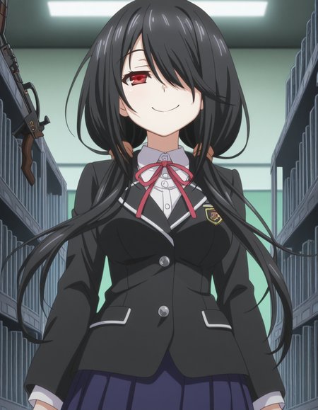 masterpiece, best quality, amazing quality,, <lora:kurumi-tokisaki-s2-illustriousxl-lora-nochekaiser:1>, kurumi tokisaki, black hair, red eyes, long hair, hair over one eye, twintails, low twintails, mature female, medium breasts, anime screencap, skirt, long sleeves, ribbon, school uniform, jacket, pleated skirt, blue skirt, blazer, black blazer,, armory, weapons, armor, storage racks, military, smile, smug, looking at viewer, solo,, cowboy shot, solo