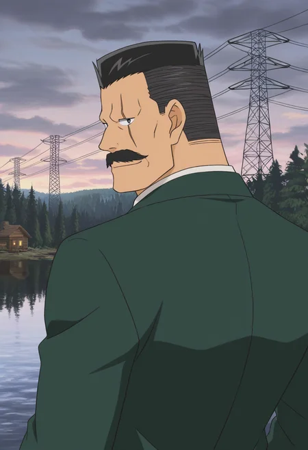 1boy, (close-up:1.5), from behind, looking back, smile, looking at viewer,
BREAK
<lora:Kiyonaga_Matsumoto_from_Detective_Conan_v1.0:1> large pectorals,
kiyonagamatsumoto, mature male, black hair, flattop, thick mustache, scar across eye, anime screencap,
BREAK
green suit, white shirt, collared shirt, cloudy sky, dawn, 
lake, forest, cabin, utility pole, transmission tower, 
BREAK
very awa, masterpiece, best quality, absurdres, newest, perfect quality, detailed background, intricate details,