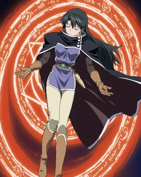 <lora:Raquel_ill_v10:0.8>  Raquel Casull, 1girl, solo, jewelry, earrings, cloak, black cloak, cape, black cape,, brown gloves, pants white pants, belt, knee boots, brown footwear, hair down, closed eyes, cast magic, magic circle, anime coloring, high quality,highres, absurdres, super detailed skin