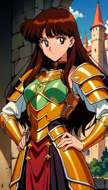 masterpiece,best quality,very aesthetic,absurdres,<lora:Nishimura Reika XL:0.7>,Nishimura Reika XL,1girl,solo,1990s \(style\),bangs,brown hair,long hair,ornate armor,castle,hands on own hips,cowboy shot,looking at viewer,