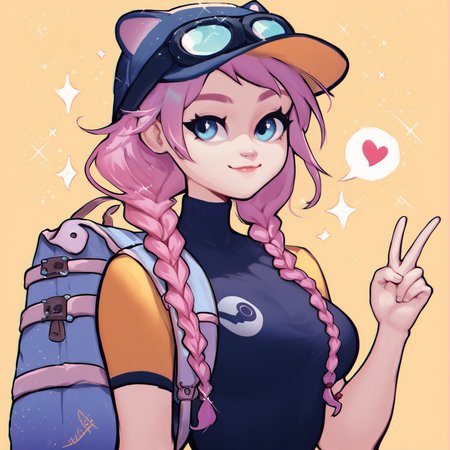source_cartoon,score_8_up, score_7_up, score_6_up, score_5_up, score_4_up, 1girl, hat, blue eyes, twin braids, cowboy shot, upper body, heart, medium breasts, hand up, bag, sparkle, v, <lora:SteamDeliveryGirl:1>
