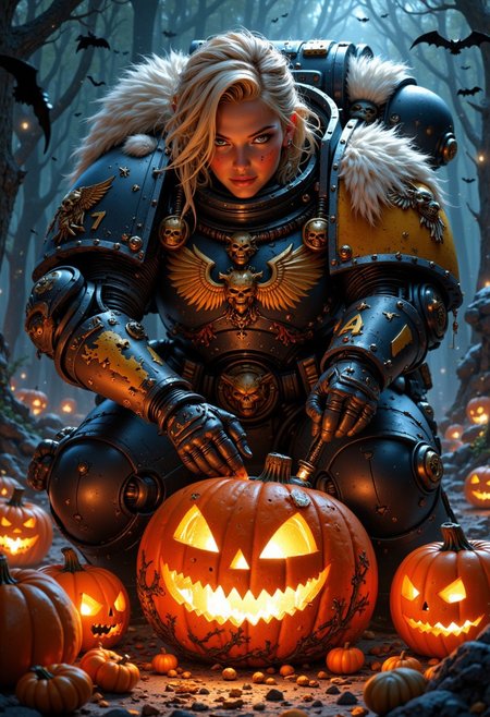 intensely focused female SpaceW40K wearing power armor, and carving a pumpkin, ghosts, bats, pumpkins, Halloween theme