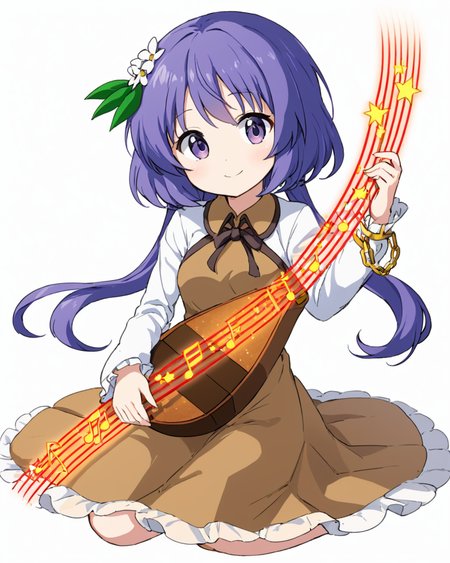 tsukumo benben,1girl, solo, hair_flower, smile, lute_\(instrument\), biwa_lute, chain, long_sleeves, playing_instrument, white_background, eighth_note, twintails, brown_dress, simple_background, sitting
<lora:tsukumo_benben_image916_2023-12-20-000015:1>,star-shaped_pupils,symbol-shaped_pupils,. gorgeous,key visual, vibrant, studio anime,award-winning, professional, highly detailed,high budget, cinemascope