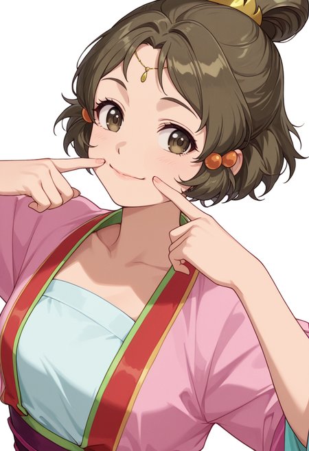 Smooth Quality,masterpiece,very intricate, high quality details, ultra realistic, high detailed skin,detailed enviorement,absurdres,
simple background, white background,solo,
dynamic angle,fingersmile,dancing, 
 <lora:Guiyuan_CNR:0.8> guiyan_cnr, 1girl,brown hair, short hair, brown eyes,hair ornament, hair bun, single hair bun,
gui_pink_cnr,chinese clothes,