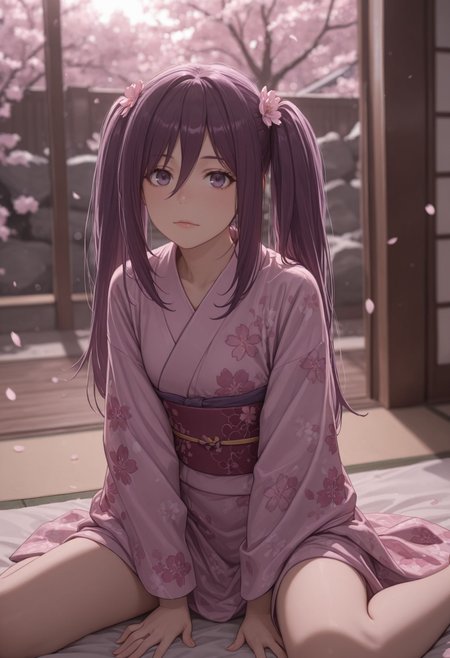 masterpiece,best quality,absurdres,highres,very aesthetic,high quality,detailed,insanely detailed,beautiful,perfect lighting, ,depth of field,blurry background,bokeh, looking at viewer, 
very aesthetic, , very awa  ,    <lora:Mitori Kouzaku illu V2:1> 1girl, twintails, purple hair, long hair, hair between eyes, purple eyes, outdoors,cherry blossoms,standing,cowboy shot, , indoors, kimono, hair flower, floral print, wariza, kneeling,