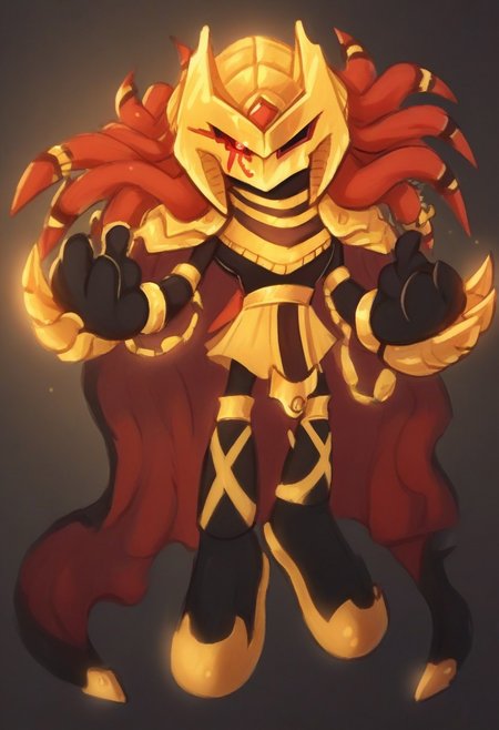 score_9, score_8_up, score_7_up, (best quality, smooth lighting), ultra-detailed, high resolution, 8k, solo male, Dark Enerjak, gold armor, black sclera, red pupils, red and black dreadlocks, large black and red cape, gold claws, black gold shoes, battle stance, BREAK outside, Rich, Detailed background, ambient light