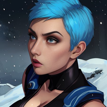 Frost,  blue hair, pixie cut, lips, blue eyes,  solo, serious expression, frontal,  close up,  upper body,  face focus,
FroNin, fingerless elbow gloves, ,bodysuit ,thighhighs, black footwear, heels, pelvic curtain , cleavage, 
snow , ninja dojo, ice,
(insanely detailed, beautiful detailed face, masterpiece, best quality) <lora:Frost:0.7>