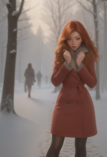 em5588, best illustration, illustration, masterpiece, best quality, ultra-detailed, photo of beautiful woman ,seductive, red hair.coat  ,in the park,   Winter, snow  ,  masterpiece) (best quality) (detailed) (8k) (HDR) (wallpaper) (cinematic lighting) (sharp focus) (intricate)