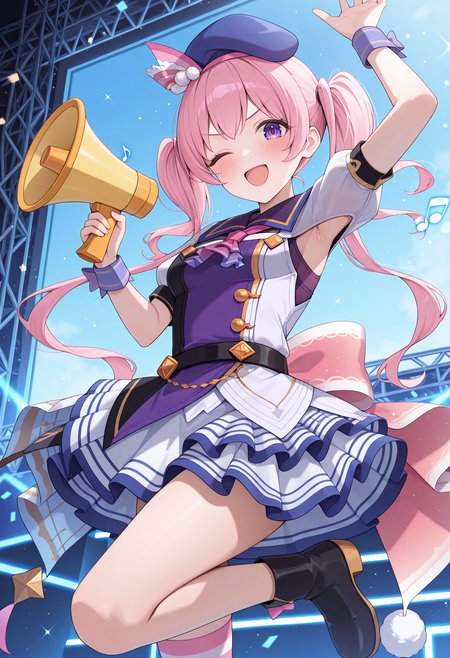 highres, best quality, masterpiece, stage, blue sky, open stage,
1girl, solo, pcrmugi, pink hair, long hair, twintails, purple eyes,
pmugidol, beret, blue headwear, band uniform, multicolored shirt, purple shirt, puffy short sleeves, white sleeves, armpit cutout, ascot, black belt, two-tone skirt, white skirt, layered skirt, single thighhigh, striped thighhighs, pom pom \(clothes\), 
looking at viewer, blush, v-shaped eyebrows, smile, one eye closed, open mouth, 
dynamic pose, holding megaphone, standing on one leg, light particles, musical note ornament, 
<lora:_tsumugi_pcr-elesico-ilxlB:1>