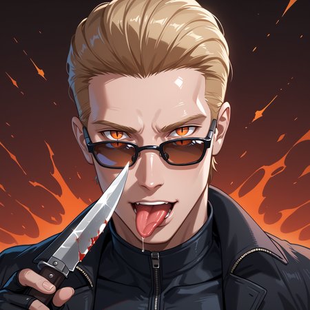 PonyScores7, source_anime, ah1, best quality, (masterpiece:1.4), (high quality:1.4), sharp focus, 4k, absurd resolution, <lora:albertwesker-guy-PONYv1:0.8> albertwesker, albert wesker, 1boy, blonde, black gloves, ((sunglasses)), belt, pants, black coat, black pants, looking at viewer, toned, athletic, fit, slicked back hair, black turtleneck, zipper, mature male, black boots, bad-hands-5, <lora:xl_more_art-full_v1:0.2>, glistening skin, <lora:aesthetic_anime_v1s:0.2>, <lora:Expressive_H:0.2> Expressiveh, <lora:hairdetailpxl:0.2> hairdetailpxl, <lora:EpicF4nta5yXL:0.2>, <lora:detailxl:0.2> detailxl, (focused, intense stare), slit pupils, short hair, (reddish orange eyes), best quality, amazing quality, best aesthetic, absurdres, <lora:eyedetailpxl:0.2> eyedetailpxl, illustration, Volumetric_Lighting, ultra-detailed, very aesthetic, intricate details, 8k, masterpiece, best_quality, disdain, looking at viewer, cocky, <lora:blade lick:0.8>, bust, upper_body, close_up, (((holding_knife, knife, holding knife, holding weapon))), (((licking_blade, licking_weapon, licking knife, lick the blade with his tongue, knife on tongue))), tongue_out, saliva, saliva_trail,