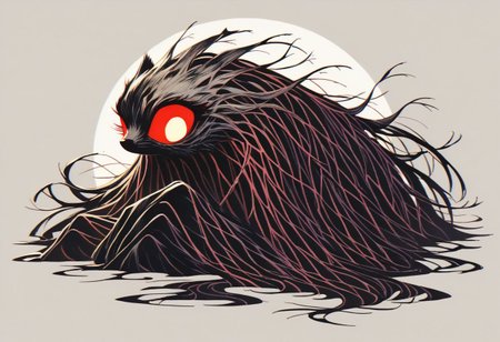 score_9, score_8_up, score_7_up,score_6_up, score_5_up, score_4_up,source_anime,retro artstyle,halftone effect,epic,intricate linework,no humans,creature focus,a black furred barghest with glowing red eyes skulking in the woods,full body