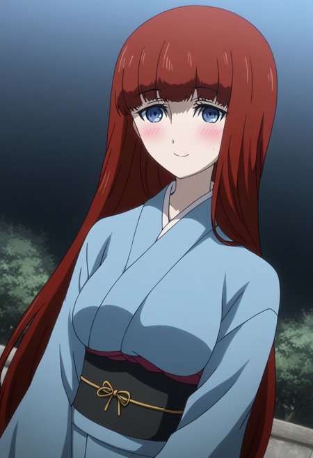 rating_safe, Ultra-high-detailed Anime illustration of Kagari Shiina from Anime Steins;Gate 0. The artwork features Kagari in a solo, standing position with a outdoors, flield and background, background in the sky. night time. night.
She is depicted with intricate details showcasing her large breasts, natural_breasts. She is a white skinned, 22 years old woman. Kagari is looking_at_viewer with perfect_eyes, Her pupils are highly detailed. The eyes are open. blue eyes. Kagari's eyes are highlighted. Highlighted eyevrows. 
She has long hair, red colored hair, styled in blunt bangs and floating hair.
She is wearing a blue kimono and black shoes. japanese kimono, kimono.
The artistic style is intricate_details_xl with a focus on Anime art. The color palette emphasizes red and black with detailed strokes to bring out the character's features. The lighting creates dramatic shadows and highlights, adding depth to the artwork. The perspective is from a face focus, dutch angle to enhance the impact of the character's expression. This masterpiece is a true portrayal of Kagari's complex personality and will captivate any fan of Kagari. uncensored, upper body, blushing, smile, Kagari Shiina,
perfecteyes,
<lora:Steins_Gate:1>
kimono
happy new year!