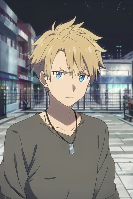high resolution, professional photography, solo, best quality, 1Boy, Yamato Ishida, Blond Hair, Deep Blue Eyes, Necklace, potrait, midnight, big city, dim street lights, dirty, cold, tense, mysterious, sharp eyes, merciless, threatening, weapon, aiming the weapon at the viewer, OverallDetail