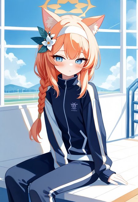 score_9, score_8_up, score_7_up, upper body Mari_(Track)_(Blue_Archive), blue_eyes, orange_hair, braid, long_hair, flat_chest, halo, hair_flower, animal_ear_fluff, gym_long pants,blue_pants,track_jacket, blue_jacket, white_hairband Mari_(Blue_Archive), Mari_(Blue_Archive), easynegative, 
ncpy45 style watercolor
Indoors,sitting,looking outside,modern simple furniture