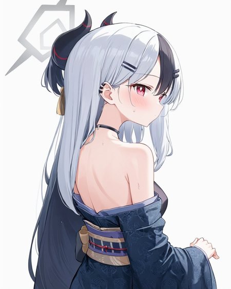 kayoko \(blue archive\),1girl, solo, blush, horns, white_background, halo, looking_at_viewer, simple_background, black_kimono, off_shoulder, hairclip, ear_piercing, sweat, bare_shoulders, obi, looking_back, closed_mouth, sweatdrop, wide_sleeves, long_sleeves, upper_body, from_behind, notice_lines, black_choker, white_pupils
<lora:kayoko_(blue_archive)_image1860_2023-11-28-000012:1>halo. gorgeous,key visual, vibrant, studio anime,award-winning, professional, highly detailed,high budget, cinemascope