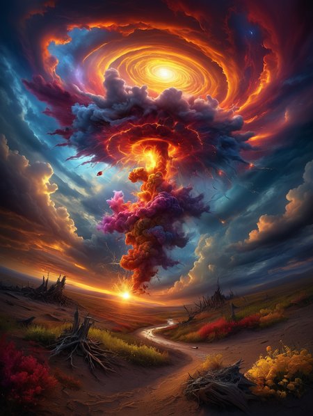 digital art in the style of epic Surreal, abstract, bizarre,  a swirling explosion of vibrant colours ,dramatic clouds, gloomy, mysterious, hazy, dusty, mystical, mysterious, gloomy, hazy, dusty, dramatic light, 32k uhd, focus eyes, fearsome appearance, masterpiece, high resolution, HD, 8k, best quality, intricate details,