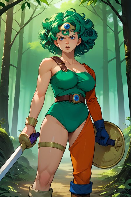 score_9, score_8_up, score_7_up, score_6_up, source_anime, 1girl, solo  <lora:dq4sofia-pdxl-nvwls-v1-000005:1> dq4sofia, curly hair, green hair, tiara, shoulder strap, green leotard, single sleeve, single thighhigh, single glove, large breasts, cleavage, serious, holding sword, holding shield, forest, open mouth, boots