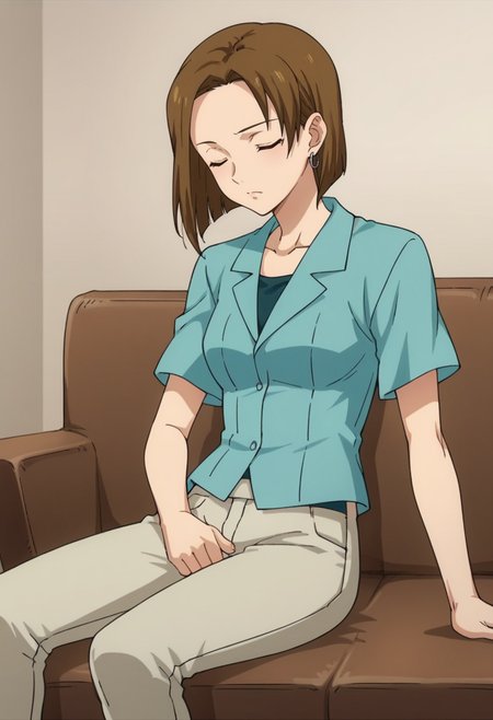 score_9,score_8_up,score_7_up,score_6_up,score_5_up,score_4_up,anime coloring BREAK source_anime,anime,<lora:Kinue_Crossroad_Gundam_00_Pony:0.7>,kinue,1girl,solo,brown eyes,brown hair,short hair,earrings,blue shirt,capri pants,closed eyes,sleep,arched_back,room,(couch:1.2),