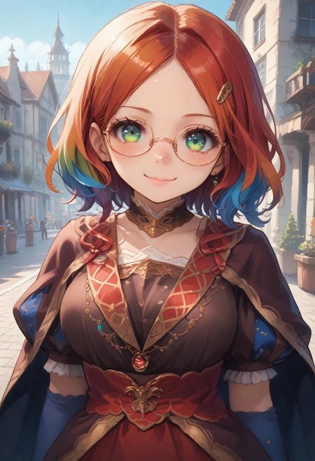 score_9, score_8_up, score_7_up, score_6_up, source_anime, best quality, masterpiece, ultradetailed, ultrahires, 1girl, solo, leodv, short intricate hair,  parted bangs, perfect eyes, glasses, brown dress, short puffy sleeves, red skirt, blue gloves, elbow gloves, blue thighhighs, big breasts, looking at you, cape, smile, blue sky, victorian architecture, town, smile, upper body, Mycelia, rainbow colored hair, candy hairclip, round glasses, green eyes, freckles, petite, striking visuals, vivid color, wadufuk1