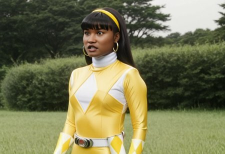 thick yellow energy beam wrapped tightly around waist of female yellow power ranger Ellie, 1girl, alone, 20-year-old black woman, yellow headband, yellow hairband, centre-parting voluminous straight shoulder-length with bangs haircut, dark-skinned, fringe, black hair, brown eyes, helmetless, wearing yellow power ranger costume, yellow spandex catsuit, white collar, white gloves, large chunky steel hoop earrings, talking, concerned facial expression, standing square-on, both arms down by sides, torso shot, in action in grassy meadow, hyperdetailed photography