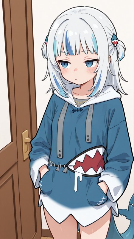 masterpiece, best quality, very detailed, 
1 girl, gawr gura, small breasts, short hair, hair ornament, hoodie, shark tail
Indoors, standing, 
 <lora:Artstyle__uwzoa_illustrious:1>
