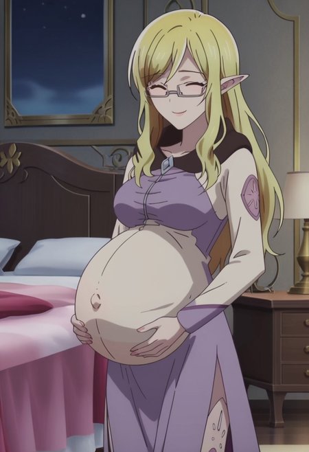 best quality, masterpiece, 4k, perfect lighting, very aesthetic, anime, anime coloring, official art, anime screencap,
bedroom, large pregnant belly, happy, smile, hand on belly,
Steina, elf, glasses,