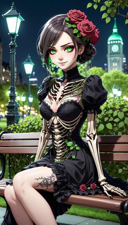 2D anime style, mysterious female character with glowing green eyes and a menacing smile, sitting gracefully on a park bench in a modern city park, wearing a gothic victorian-inspired dress covered in vines and roses. Detailed mechanical skeleton with floral patterns, expressive and eerie aura. Background features a modern cityscape with skyscrapers, streetlights, and bustling people, extreme complexity and details, bold outlines, flat shading