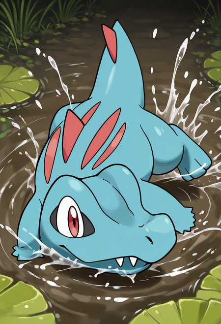 masterpiece, best quality, no humans, solo,    zzTotodile, rolling down a muddy hill with wild joy, splashing into a murky pond and sending ripples across its surface.     ,<lora:TotodilePokedex_IXL:1.0>,