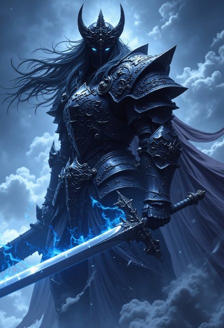 CloseUp, Upper Body Portrait, FredFraiStyle long haired demonic shrouded Silhouette of a Knightess with towering war crown Standing Battle ready with powerful weapon, vibrant pastel colored in Grey, White and DARK blue, Highly detailed anime-style close-up action scene of a knight in intricately patterned armor. The focus is on the knight’s sword, showcasing the deep black and dark-blue blur of light that trails with the swift motion of the weapon, capturing the dynamic speed of the fighter. The scene is set in a misty, clear night with a desaturated color palette. The background is hazy, while motion streaks and dynamic lighting enhance the sense of speed and intensity, with the knight’s glow piercing through the mist.